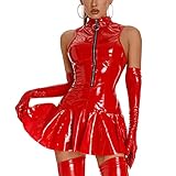 CHICTRY Wetlook Abito Sexy Donna Hot per Sesso con Lacci Mini Vestito Pelle Minigonna con Spacco Laterale Latex Tubino Nero Corto Aderente Discoteca Clubwear Ballo Rosso O S