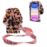 DasKAn Per Samsung Galaxy A54 5G 3D orecchie di coniglio in peluche con cordino rimovibile, caldo, fatto a mano, morbido coniglio, morbido pelo resistente agli urti, colore rosa leopardato