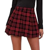 Maeau - Gonna Corta Donna Gonna Plaid Pieghe Gonne Mini Elegante Gonna Plissettata Gonne Vintage A-Linea Vita Alta per Uso Quotidiano Lavoro Feste - M - Rosso