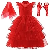 keaiyouhuo Lydia Deetz Costume per Ragazze bambini Costumi di Halloween Cosplay fantasma rosso abito da sposa Up Festa di Natale 4-14Y