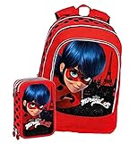 Schoolpack Zaino Scuola Miraculous Ladybug Rotondo Americano Organizzato + Astuccio 3 Zip Rosso