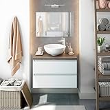 Mobile bagno sospeso 80 cm bianco con top olmo per lavabo d’appoggio già forato, 2 cassetti soft-close e specchio 80x60 cm, NOA