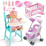 deAO Bambola Bebé Playset, Bambolotti Bambole e Accessori con Baby Dolls, Carrozzina per bambole, letto per bambole, seggiolone, Vestiti per bambole, Set da Gioco per Bambole per Bambini 3+