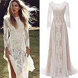 BSYPM Abiti da Sposa Eleganti da Donna Manica Lunga Senza Schienale Abito da Sposa in Pizzo Lunghezza Pavimento off White