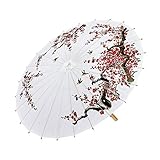 "DECORATED WHITE RICE PAPER ORIENTAL PARASOL WITH WOODEN STRUCTURE" 84 cm -
