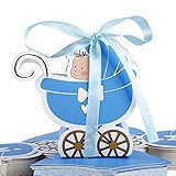 FLOFIA 48pz Scatole Battesimo Nascita Scatoline Portaconfetti in Carta a Forma di Passeggino Bomboniere Scatole Maschio per Confetti Caramelle Cioccolati Comunione Compleanno Azzurro