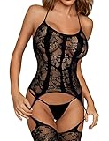 UMIPUBO Lingerie Donna Sexy Intima Pizzo Halter Babydoll Un Pezzi Trasparente Camicia da Notte Giarrettiera Biancheria Pigiama esclusi i Perizoma (Nero)