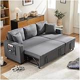 Racxily Divano letto con tasche laterali e cuscini, divano letto 3 posti con spazio di archiviazione,chaise longue intercambiabile a destra e a sinistra,divano angolare a L,Lino,Grigio scuro