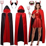 iZoeL Costume Diavolo Donna Costume Halloween Costume Carnevale Mantello con Cappuccio Adulto Mantella Reversibile Diavolo Cosplay Donna Accessori Diavolo - Corna Diavolo Mantello Tatuaggio Demone