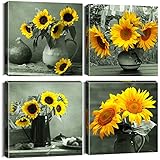 Artscope Stampe e Quadri su Tela 4 pz. Girasoli in un Vaso Immagine Fotografia Murale Tela Wall Art Bel Regalo per Home Decor Ristorante Cucina Regalo di Anniversario Compleanno 30x30CM