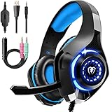 Tatybo Cuffie Gaming, Cuffie Gaming con Microfono Noise Cancelling, Stereo Bass Deep, Cuscinetti Auricolari Proteici, per PS4 PS5 PC Xbox One Mac Switch, Blu