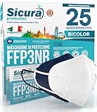 25 Mascherine FFP3 Certificate CE Blu e Bianche Made in Italy BFE ≥99% | PFE ≥99% logo SICURA impresso Mascherina italiana ffp3 SANIFICATA e sigillata singolarmente. 13 Blu + 12 Bianche