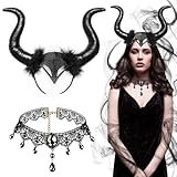 JOYUE Corna da Diavolo Halloween Malefica Corna, Fascia con Corno da Demone Costume Halloween Donna Diavolo, Costume da Corna Regina Corna Nere Copricapo con Collana di Pizzo per Carnevale Cosplay