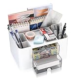 HAOCHEN Organizzatore da Scrivania con Cassetto, Portapenne e Organizer da Tavolo, Forniture per Ufficio con 5 Scomparti & 2 Cassetti per Accessori da Scrivania per Bambini (Bianco)