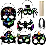 24 PCS Maschera da Grattare, Maschera Halloween Bambino, Scratch Art Maschere con Fascia Elastica e Stilo In legno, per Bambini Adulti Carnevale Halloween Natale Mascherata per Feste Mascherine