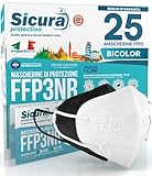 25 Mascherine FFP3 Certificate CE Nere e Bianche Made in Italy BFE ≥99% | PFE ≥99% logo SICURA impresso Mascherina italiana ffp3 SANIFICATA e sigillata singolarmente 12 Bianche + 13 Nere