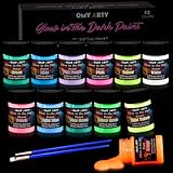 HOMY ARTY Colori Fluorescenti, 3D Glow in the Dark Paint - 12 Colori per Tessuti, Vernice Acrilica per Dipingere Sassi, Tele, Materiale Artistico, Tempera, 20 ml/Bottiglia