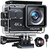 WOLFANG Action Cam GA100 4K 30FPS, 20MP WiFi PC Camera, Fotocamera per Casco, Subacquea 40M Impermeabile Videocamera, EIS, Telecomando2.4G, Mic Esterno,2x1050mAh Batterie e Accessori di Montaggio