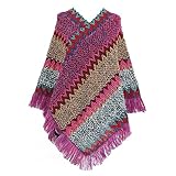 Jdlsppl Poncho da donna maglione a zig zag lavorato a maglia messicano poncho avvolgente autunno hippie morbida frangia scialle uncinetto mantello asimmetrico, Rosa, taglia unica