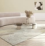 the carpet Mila moderno tappeto soggiorno, elegante tappeto lucido a pelo corto soggiorno in crema con motivo piume oro argento, tappeto, 200 x 290 cm