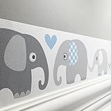 lovely label - bordatura da parete per bambini - con motivo di elefanti - blue/grigio - bordo autoadesivo in tessuto non tessuto - 450x11.5 cm