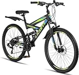 Licorne Bike Strong D 26" mountain bike Fully, adatto a partire da 150 cm, freno a disco anteriore e posteriore, cambio a 21 marce, sospensioni complete, per ragazzi, Nero/Blu/Lime