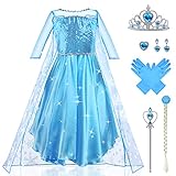 URAQT Congelato Vestito Set, Costume Vestito Bambina Principessa, Set da Principessa Corona Bacchetta Guanti Treccia, Cosplay Party Halloween Abito delle Ragazze di Natale Vestito Fantasia(120)