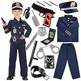 Costume Poliziotto Bambino, Polizia Costume Bambini con Polizia Camicia Pantaloni,Manette Polizia,Cappello Polizia,Distintivo Polizia,Walkie-Talkie Giocattolo Police Costume Halloween Carnevale