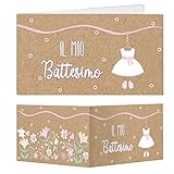 GEBETTER 50pz Bigliettini Bomboniere Battesimo Nascita per Bambina Bimba, Biglietti Battesimo per Confetti Confezione Regalo, Colore Rosa Rilievo Vintage