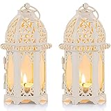 Nuptio Lanterna a 2 Candele in Stile Marocchino - Portacandele Tealight di Piccole Dimensioni con Pannelli in Vetro Trasparente Grande per Patio/Esterni, Feste e Matrimoni, Bianco