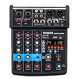 BOMGE-04F Mixer audio dj a 4 canali con MP3 / USB Bluetooth, registrazione stereo/effetto eco 48V / DSP, adatto per trasmissione in diretta, karaoke, produzione musicale (nero)