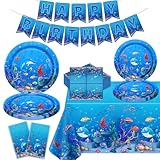 Confezione da 123 decorazioni per feste di compleanno a tema oceano con animali oceanici, forniture di buon compleanno a tema oceano, include piatti, tovaglioli, striscioni di compleanno, tovaglia per