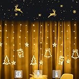 Woukksy LED Luci di Natale da Interno e Esterno, 3.5M Luci Tenda a Batteria/USB con Stella, Renne, Albero di Natale, Campane, Bianco Caldo Catena Luminosa con Telecomando per Decorazioni Natalizie