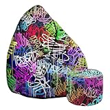 DreamRoots Pouf Poltrona Sacco Moderno e Morbido di Velluto - Poltrona Sacco Pouf 80x80x120 cm Include Poggiapiedi e Fodera - Puffo per Sedersi - Pouf Poggiapiedi - Pouf Gaming Graffiti