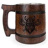 Teslyar Boccale da birra vichingo da uomo, 0,6 litri, realizzato a mano, in legno di quercia, in acciaio inox, design autentico, regalo di Natale, regalo di compleanno, regalo per la festa del papà