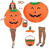 Yotako Costume da zucca per Halloween, 6 pezzi, costume da zucca da donna, costume da zucca con cappello, borsa per zucca, calze, orecchini, occhiali per donne/ragazze Halloween cosplay party