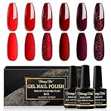 Shining She Smalto Semipermanente per Unghie, 6 Colori Rosso Bordeaux Rosso Bruno Glitter, Soak-Off UV per Novice Nail Art DIY, 8ml