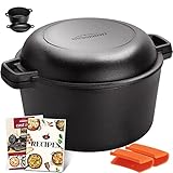 Overmont 2 in 1 Pentola Olandese In Ghisa - Padella Casseruola in Ghisa Pre-stagionato con Coperchio - Doppia Funzione Dutch Oven - per Campeggio Cucina Casalinga BBQ Bake - 4.73 L/ 5 Quart