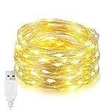 EvaStary Luci a LED, 100 LED USB da 33 piedi, luci a filo d argento impermeabili, illuminazione decorativa per la camera da letto di Natale, feste in giardino, matrimoni all aperto (bianco caldo)