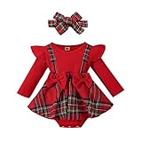 ESSECMBS Natale 2 Pz Completo Neonata Pagliaccetto Manica Lunga Neonata Tutina Invernale Bimba con Bowknot Bodysuit Natalizio Neonata+Fascia per Neonata (Rosso, 0-3 Mesi)