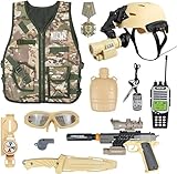 RedCrab Costume da Soldato Bambini, 12 Pezzi Costume Militare Bambino Soldato Vestito Militare con Walkie-Talkie, Gilet Militare e Casco, Ruolo Giocare Carnevale Costume Bambini Regalo