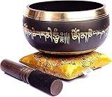 Himalayan Bazaar - Set con campana tibetana, facile da suonare, realizzato a mano, per meditazione tramite il suono, 10 cm, per la guarigione dei 7 chakra