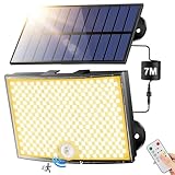 Lampada Solare da Esterno 3000K Giallo Caldo,[268LED/ 5Modes/ 7M]Faro Led Esterno con Pannello Solare, Telecomando Luce Solare Led Esterno,IP65 Faretti Solari a Led da Esterno Luci Solari Esterno