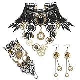 Steampunk Accessori Donna, 3 Pezzi Ingranaggi Steampunk Accessori, Gotico Steampunk Collana Girocollo Bracciale, Nero Halloween Accessori Donna per Carnevale, Feste a Tema, Halloween