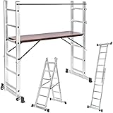 tectake® Scala Alluminio 4 in 1 Multifunzione con Piattaforma da Lavoro, Ponteggio da Lavoro con Ruote, Scala in Alluminio Pieghevole, Scala da Lavoro