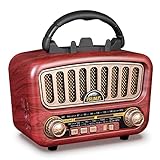 PRUNUS J-180 Radio Portatile Vintage FM/AM/SW, Radio Bluetooth Portatile, Con supporto per telefono cellulare, Batteria Ricaricabile da 1800 mAh Potenziata, Supports TF Card/AUX/USB.