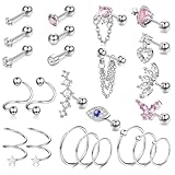 KALVICA 24 Pezzi Acciaio Chirurgico Orecchini Donna Anallergici Helix Piercing Orecchio Tragus Labret Naso Labbro Trago Cuore Farfalla Luna Orecchini Punto Luce Piccoli Oro/Oro Rosa/Argento