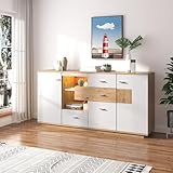 Rtopsu Mobile Contenitore Credenza con LED, Madia Mobile da Cucina con 2 Ante e 4 Cassetti, Mobile Dispensa Cucina Buffet da Cucina per Soggiorno Cucina Sala da Pranzo, 160x40x77 cm, Bianco & Natur