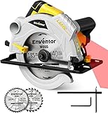 ENVENTOR Sega Circolare 1500W, 5500RPM, 2 Lama da 185mm(24T&40T), Taglio 65mm(90°)/43mm (45°), Motore Di Rame Puro, Guida Laser, Ideale per Tagliare Legno