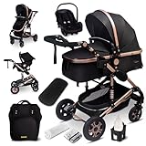 GaGaDumi Florida 3 in 1 Passeggino Trio, Carrozzina, Seggiolino Auto, e Passeggino Pieghevole, Navicella con Accessori Inclusi, 0-36 mesi, nero/oro